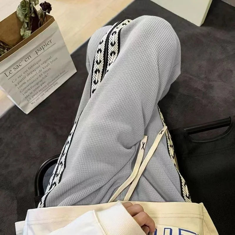 American High Street Waffle Autumn Casual Pants Men Solid Patchwork Print Trendy Fashion Pockets Loose Straight Wide Leg Trouser