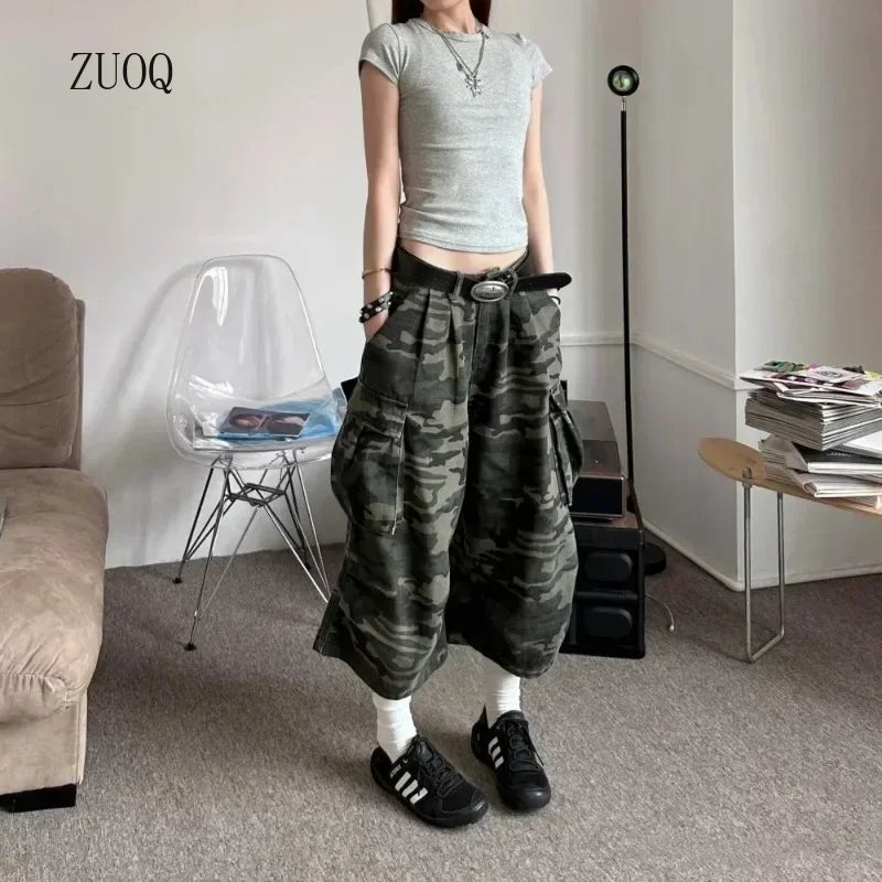 American Camouflage Jeans Men's and Women's High Street Loose Straight Leg Casual Versatile Seven-minute Denim Pants Male