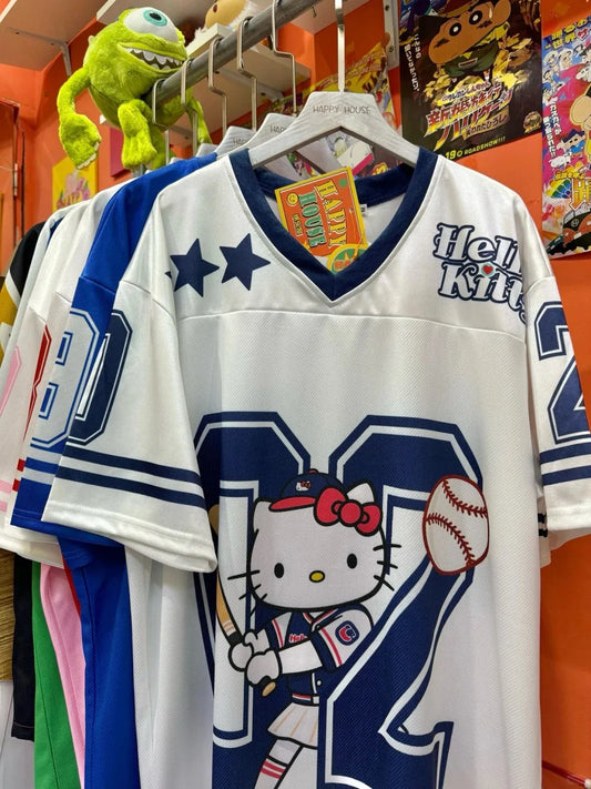 MINISO Sanrio Hello Kitty Tshirt Cartoon Sportswear Women Men V-neck Loose Casual Lightweight Breathable Streetwear Beach Tops