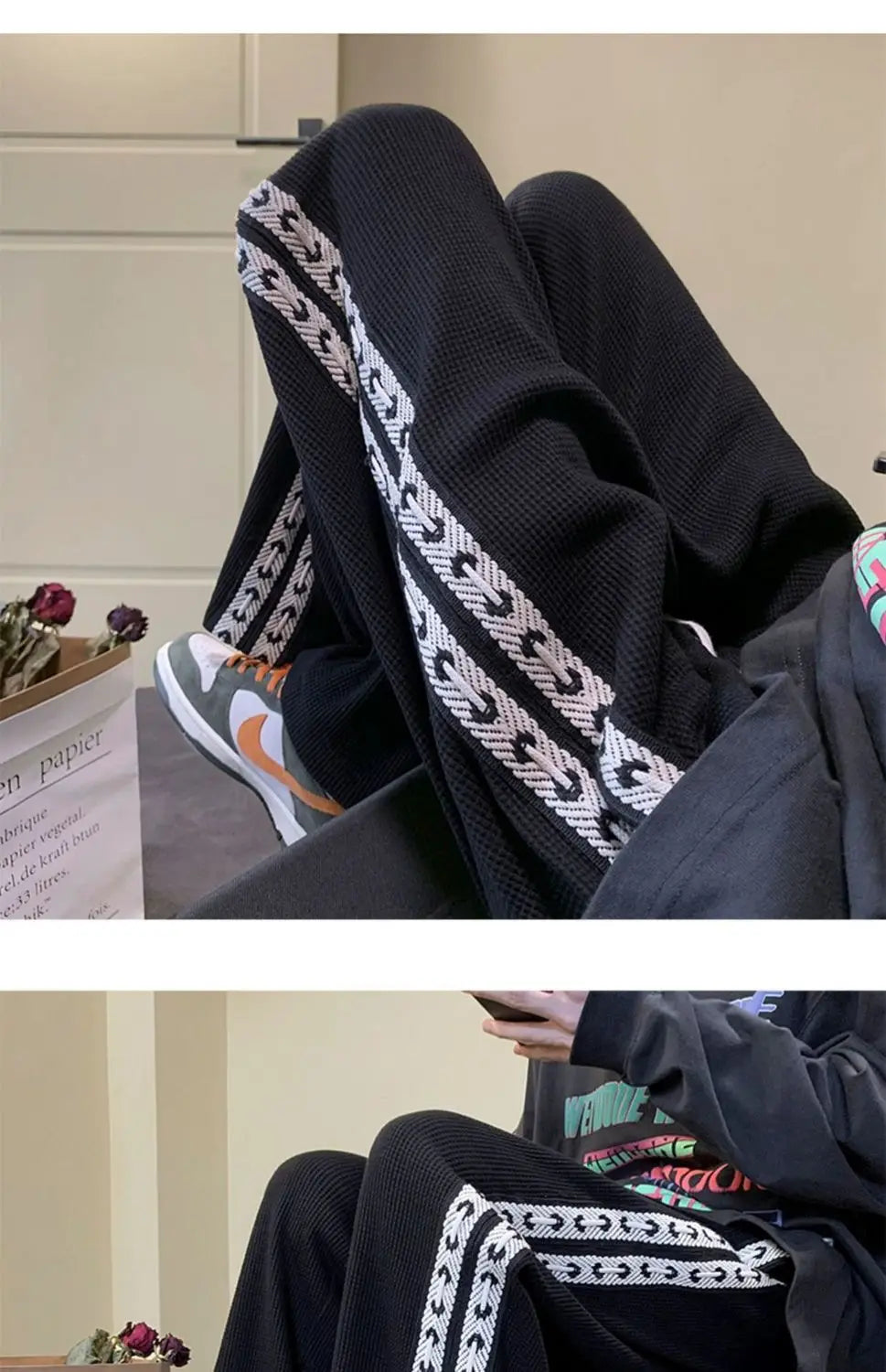 American High Street Waffle Autumn Casual Pants Men Solid Patchwork Print Trendy Fashion Pockets Loose Straight Wide Leg Trouser