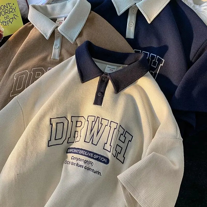 American Retro Lapel Polo Shirt Short Sleeved Men's Harajuku Casual Fashion Versatile Oversized Loose Versatile T-shirt