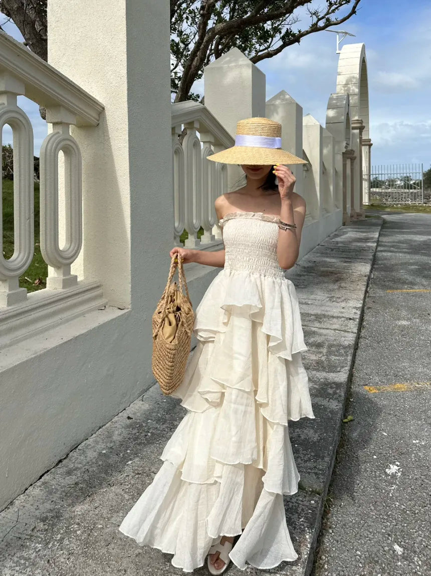 French Style Female Luxurious Strapless Cake Dress Summer Strapless Women Party Dresses Vintage Tiered Wedding Guest Dress 2025