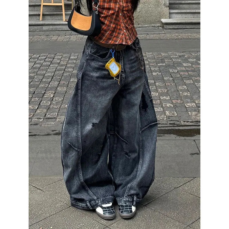 Black Jeans Women Vintage High Waisted Cargo Jeans Straight 2025 Summer Casual Loose Big Size Wide Leg Denim Baggy Pants Y2K
