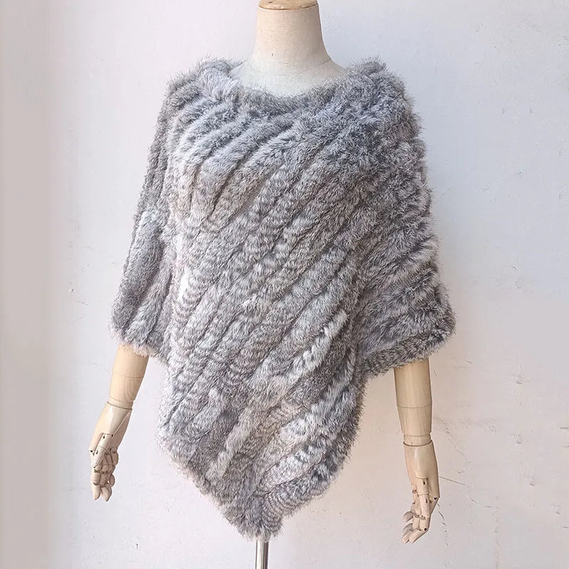 HSPL 2023 Spring Hot Sale Knitted Natural Fur Shawl  Fashion Rabbit Fur Cape Shawl Genuine Rabbit Fur Women Black Fur Poncho