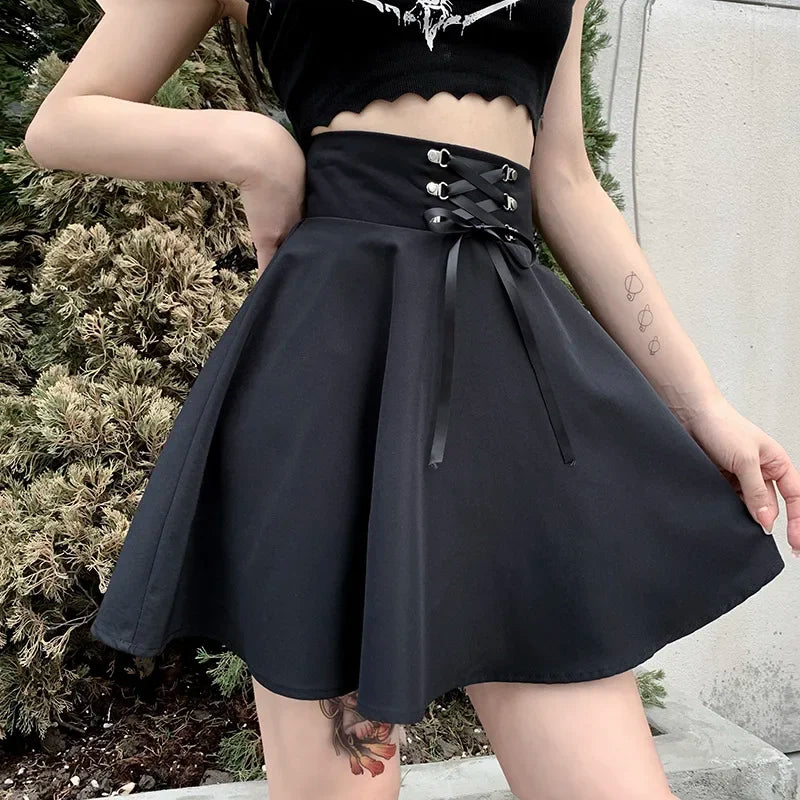 Women's Basic Versatile Flared Casual Mini Skater Skirt High Waisted School Goth Punk Black Skirt Harajuku