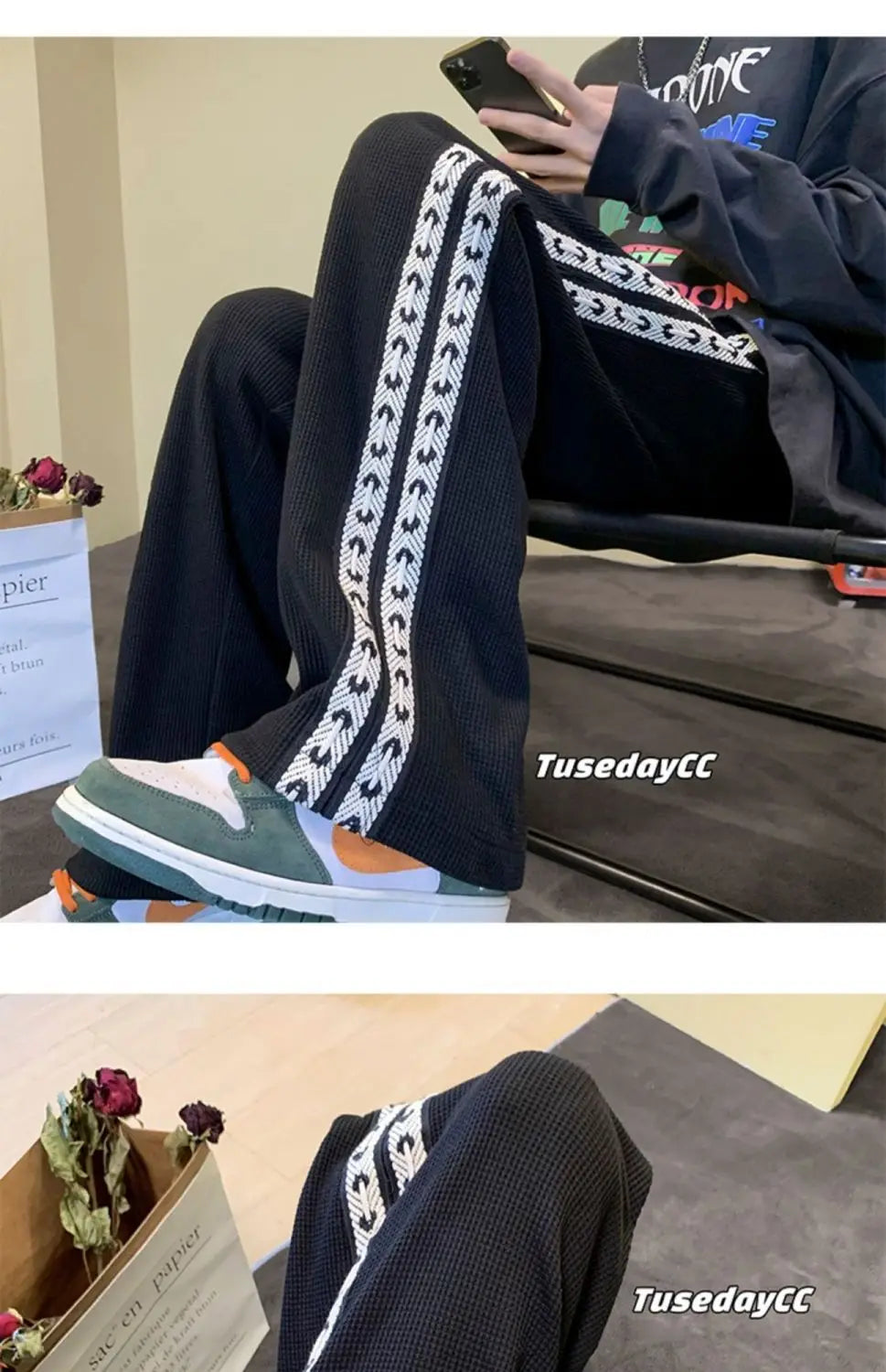 American High Street Waffle Autumn Casual Pants Men Solid Patchwork Print Trendy Fashion Pockets Loose Straight Wide Leg Trouser