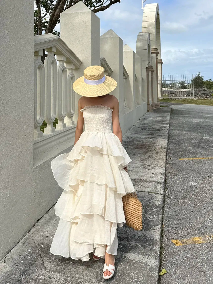 French Style Female Luxurious Strapless Cake Dress Summer Strapless Women Party Dresses Vintage Tiered Wedding Guest Dress 2025