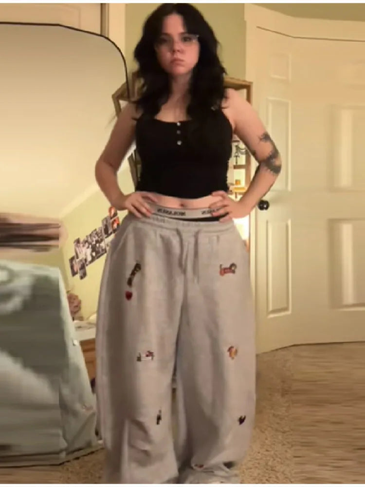 American Trendy Hip Hop Sausage Dog Embroidery Casual Pants Women's Loose Straight Leg Sweatpants 2025 Autumn Winter Pants