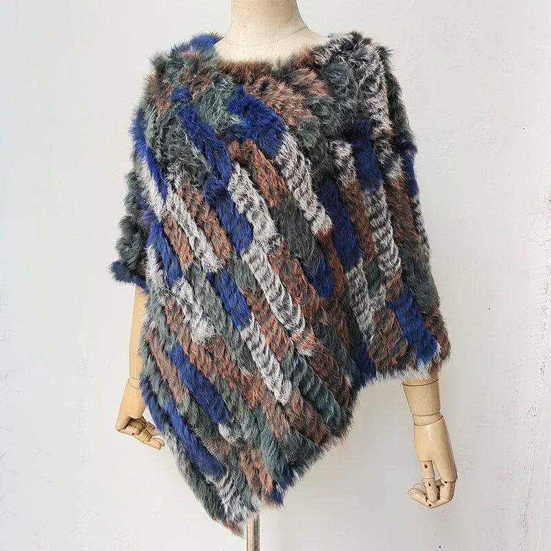 HSPL 2023 Spring Hot Sale Knitted Natural Fur Shawl  Fashion Rabbit Fur Cape Shawl Genuine Rabbit Fur Women Black Fur Poncho