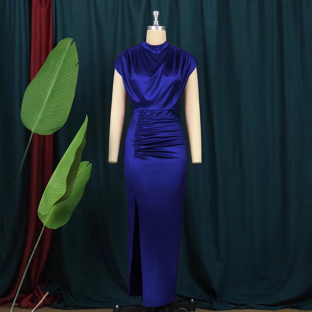 Womens Solid Color Long Formal Dress  Elegant Pleated Maxi for Work & Events