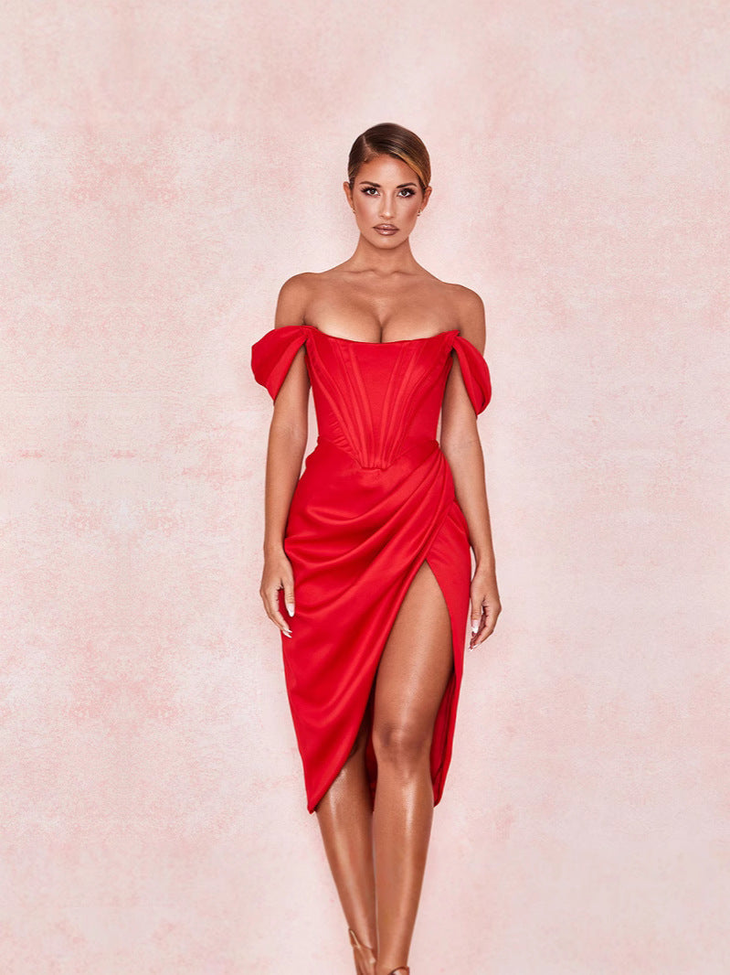 Womens V-Neck Figure-Hugging Evening Dress  Elegant Slit Midi for Special Occasions