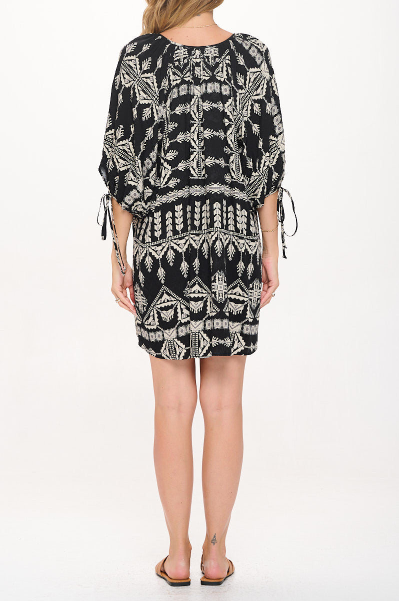Boho Print V neck Dress with Tie Sleeve