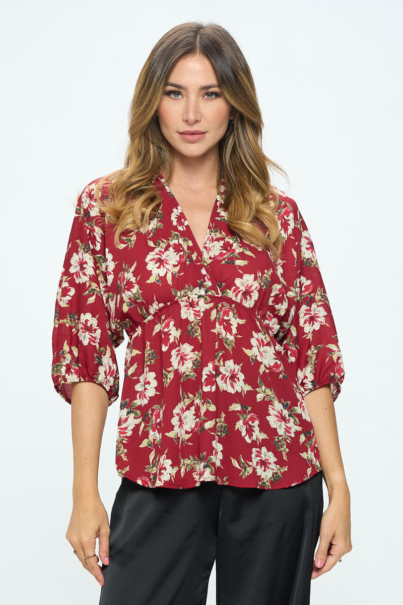 Floral Print V neck Kimono Top
