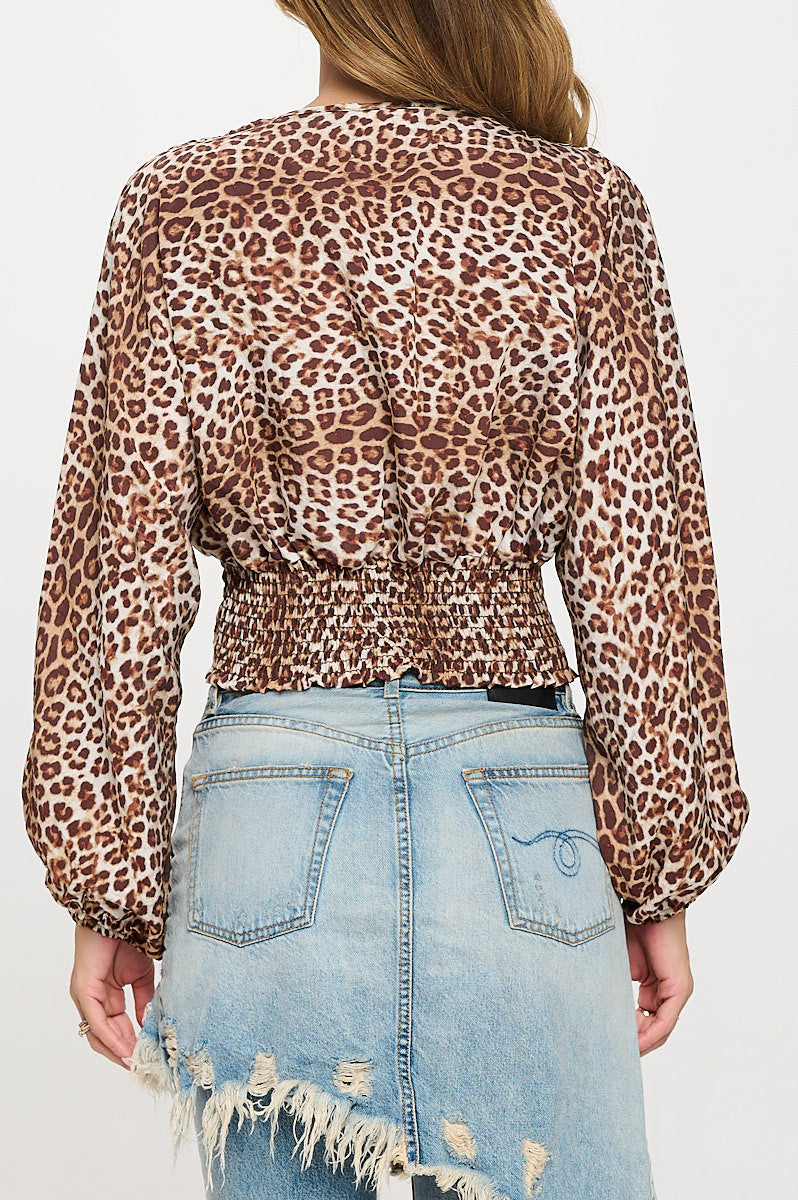 Leopard Print V neck Top with Smock Detail