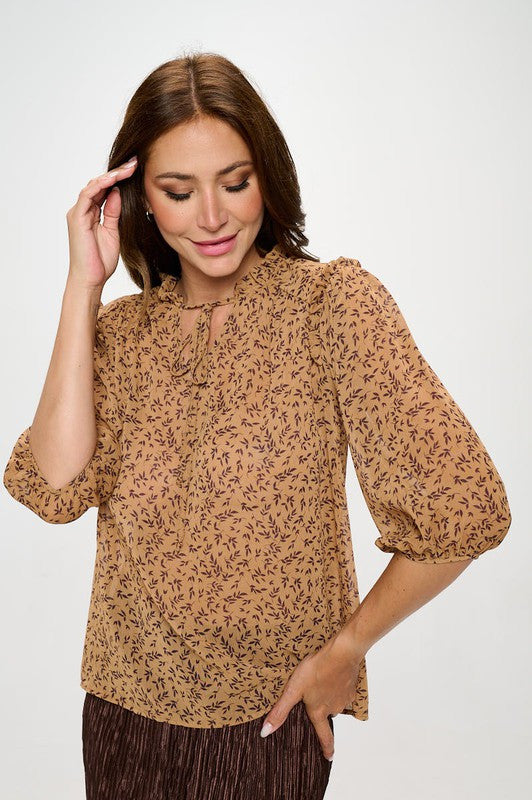 Floral Print Semi Sheer Top with Tie