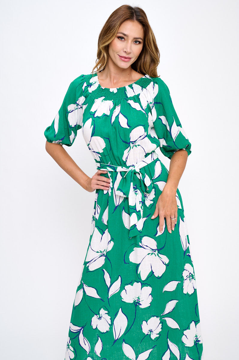 Floral Print Versatile Neckline Maxi Dress with Tie