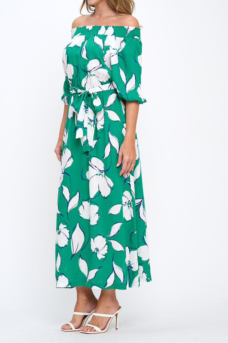 Floral Print Versatile Neckline Maxi Dress with Tie