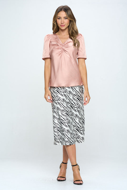 Satin Ruched Front Puff Sleeve Top