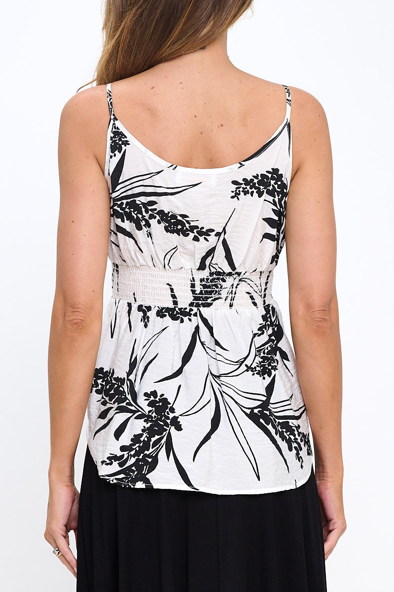 Leaf Print Spaghetti Strap Top with Smock Detail