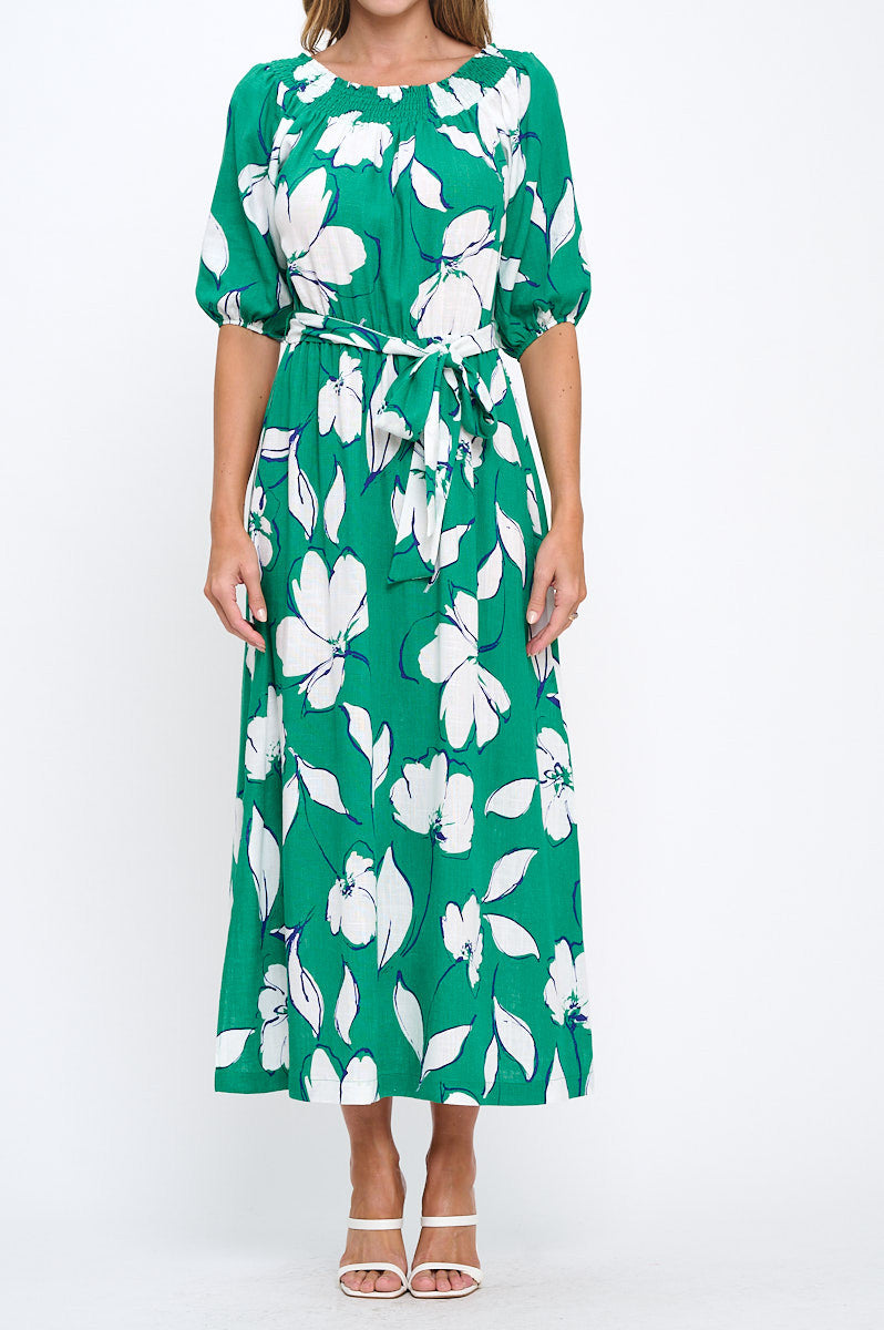Floral Print Versatile Neckline Maxi Dress with Tie