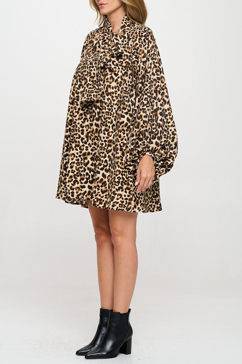 Leopard Print Puff Sleeve Dress with Front Neck Tie Detail