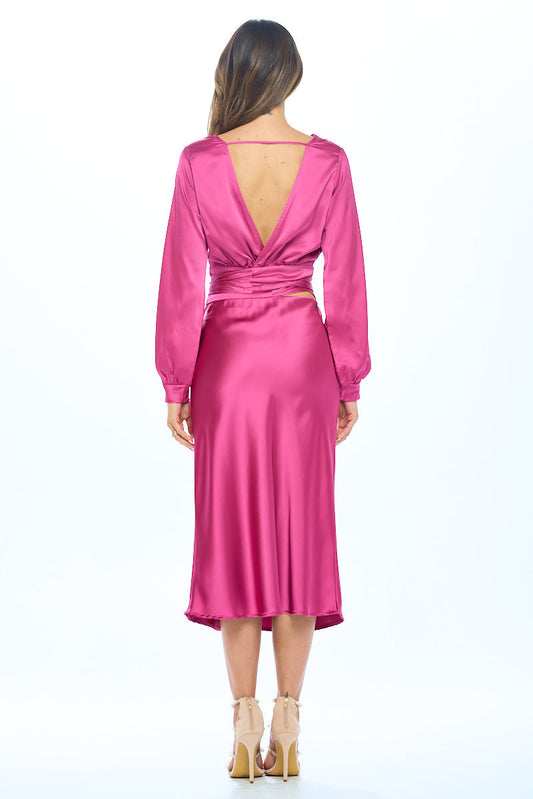 Stretch Satin Solid V neck Top with Open Back