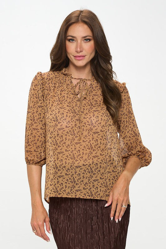Floral Print Semi Sheer Top with Tie