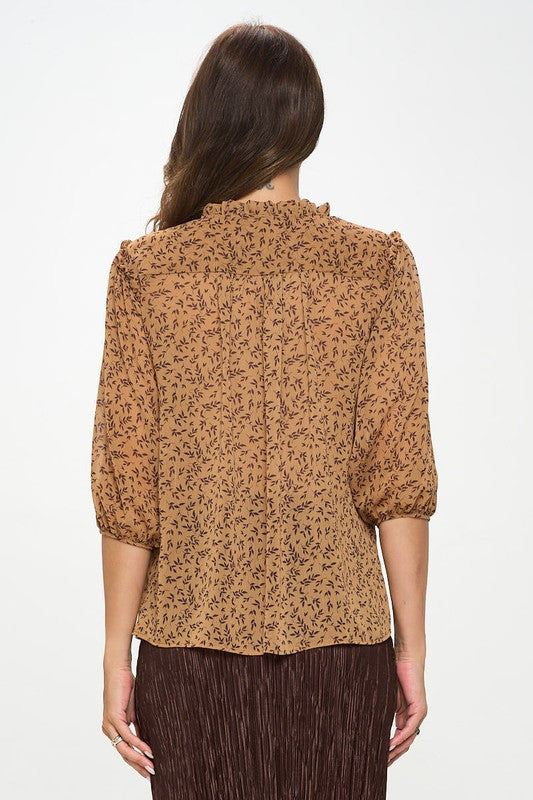 Floral Print Semi Sheer Top with Tie