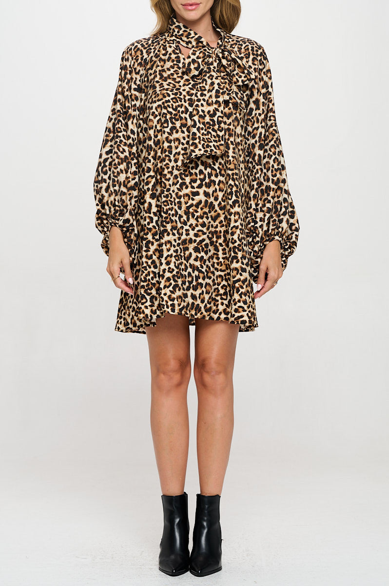 Leopard Print Puff Sleeve Dress with Front Neck Tie Detail
