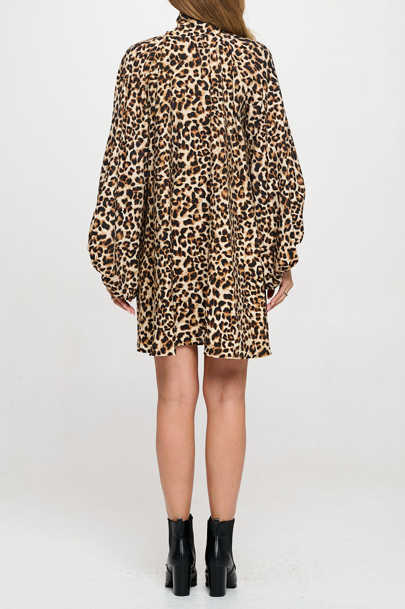 Leopard Print Puff Sleeve Dress with Front Neck Tie Detail