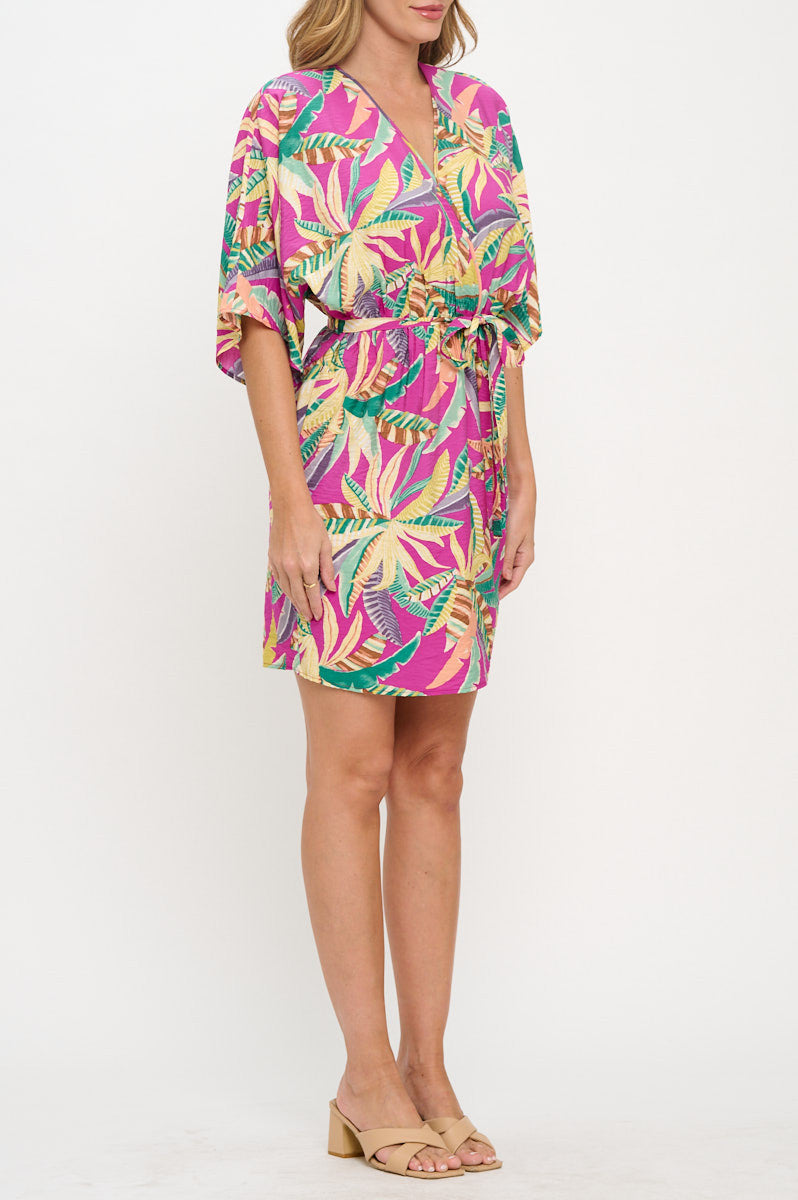 Tropical Print V neck Kimono Dress with Tie