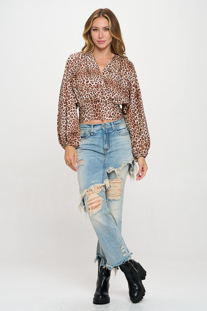 Leopard Print V neck Top with Smock Detail